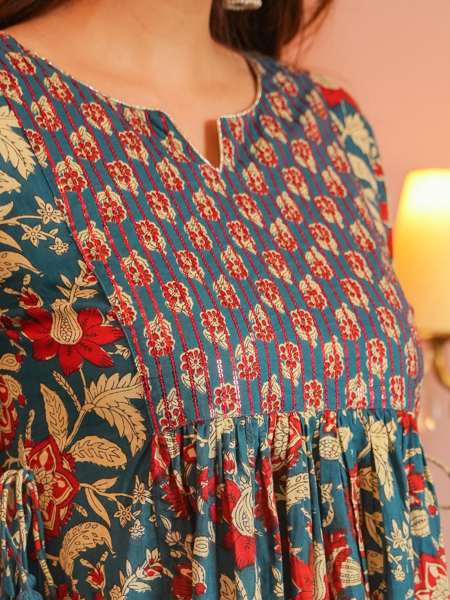 Embroidered Soft Cotton Block Print A-line Blue Kurta