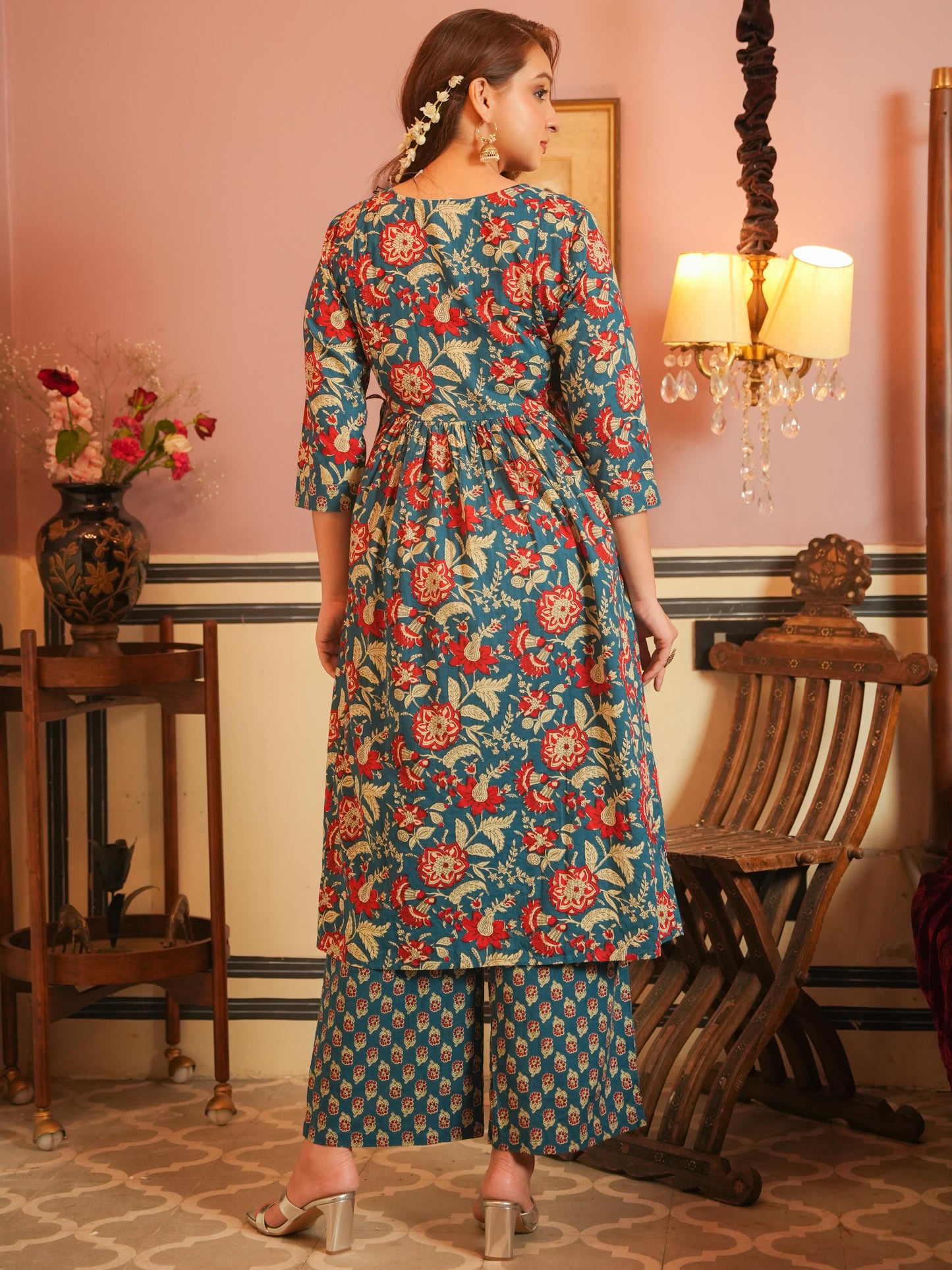 Embroidered Soft Cotton Block Print A-line Blue Kurta