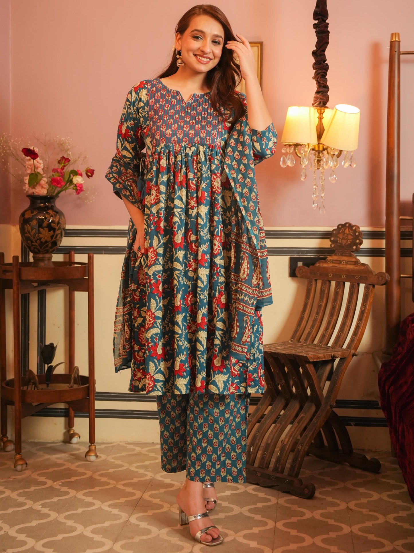 Embroidered Soft Cotton Block Print A-line Blue Kurta