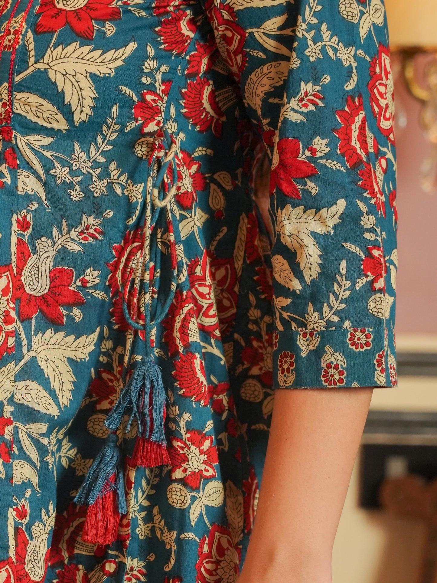 Embroidered Soft Cotton Block Print A-line Blue Kurta