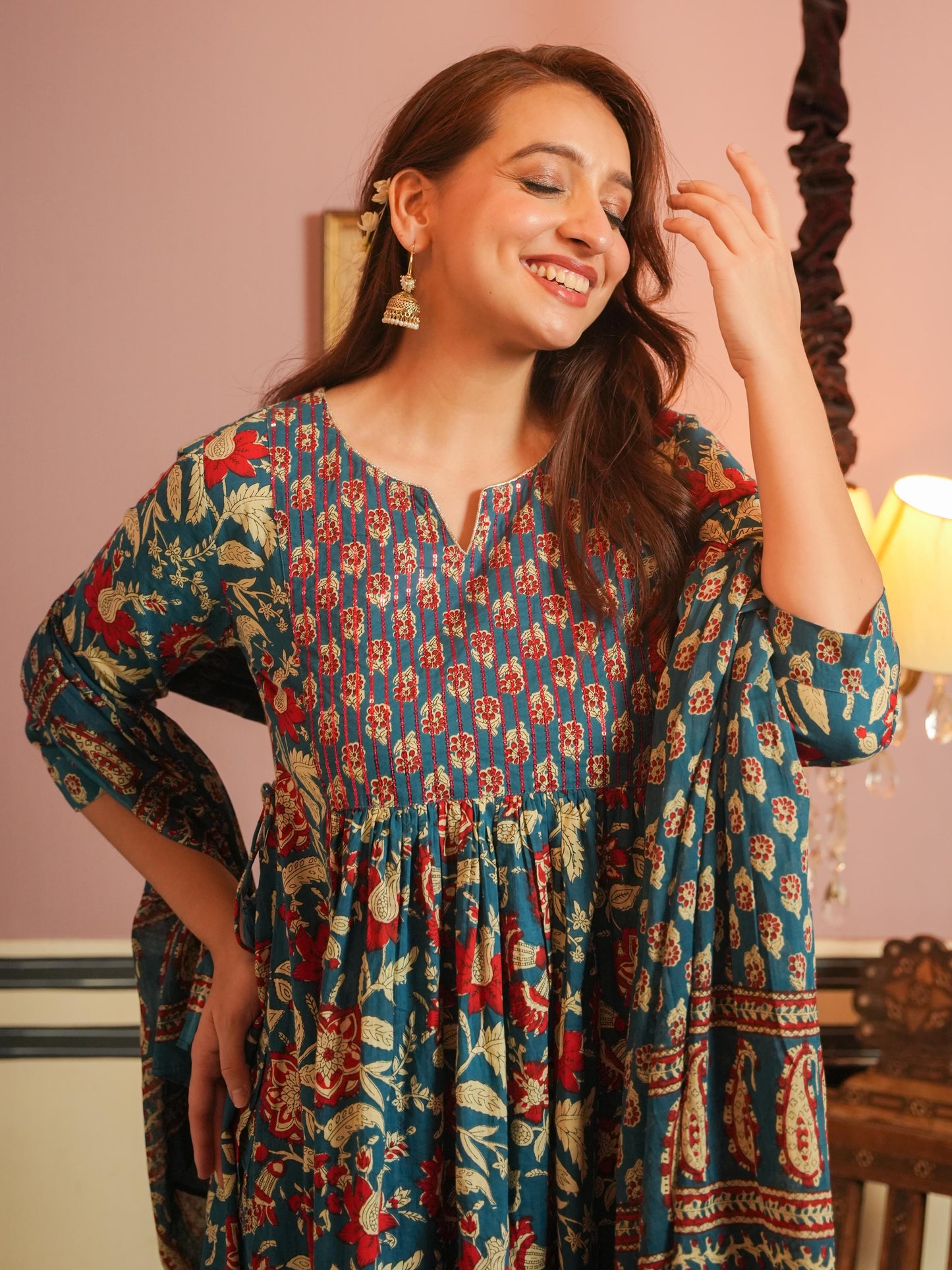 Embroidered Soft Cotton Block Print A-line Blue Kurta