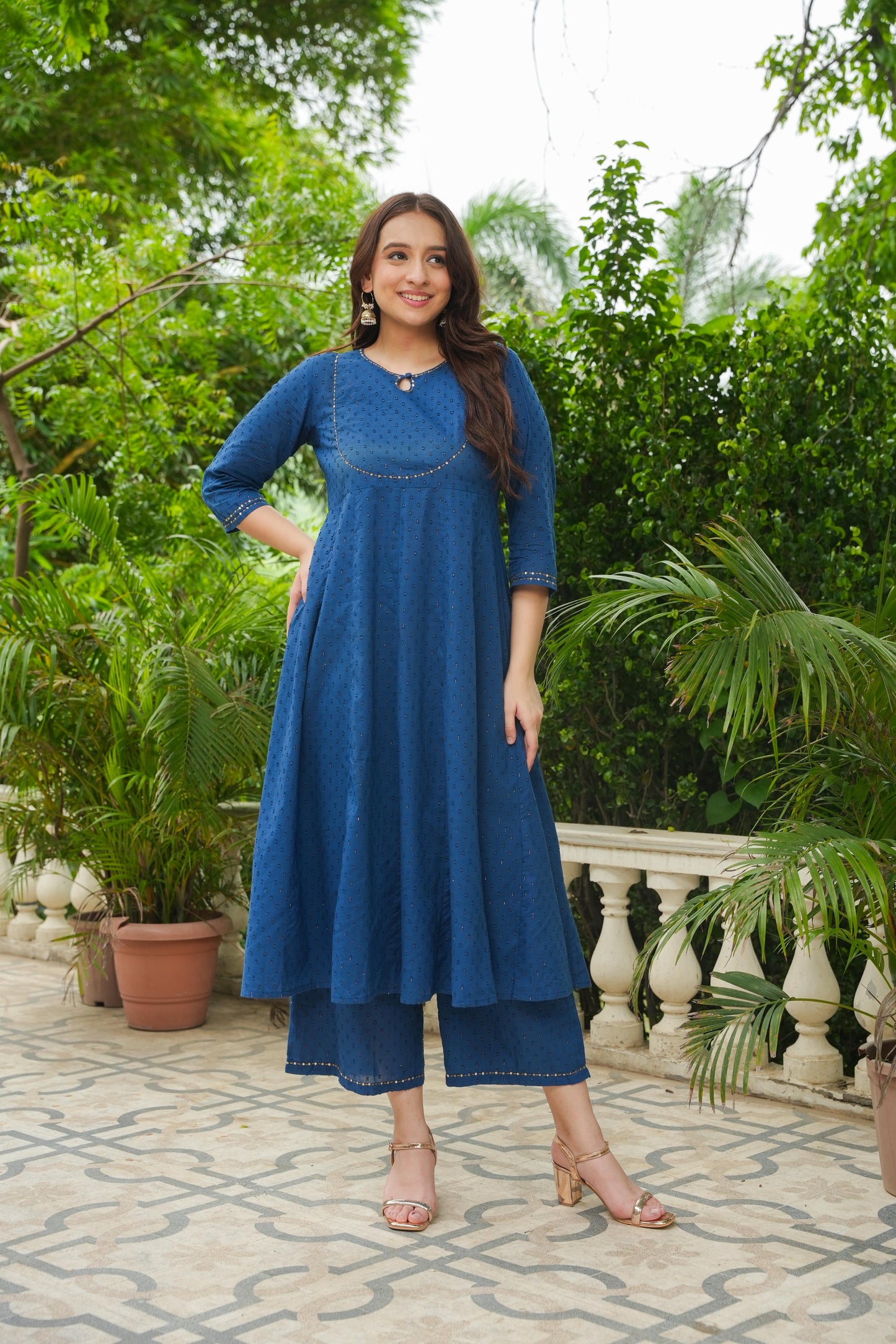 Embroidered Textured Cotton Woven Design Anarkali Blue Kurta