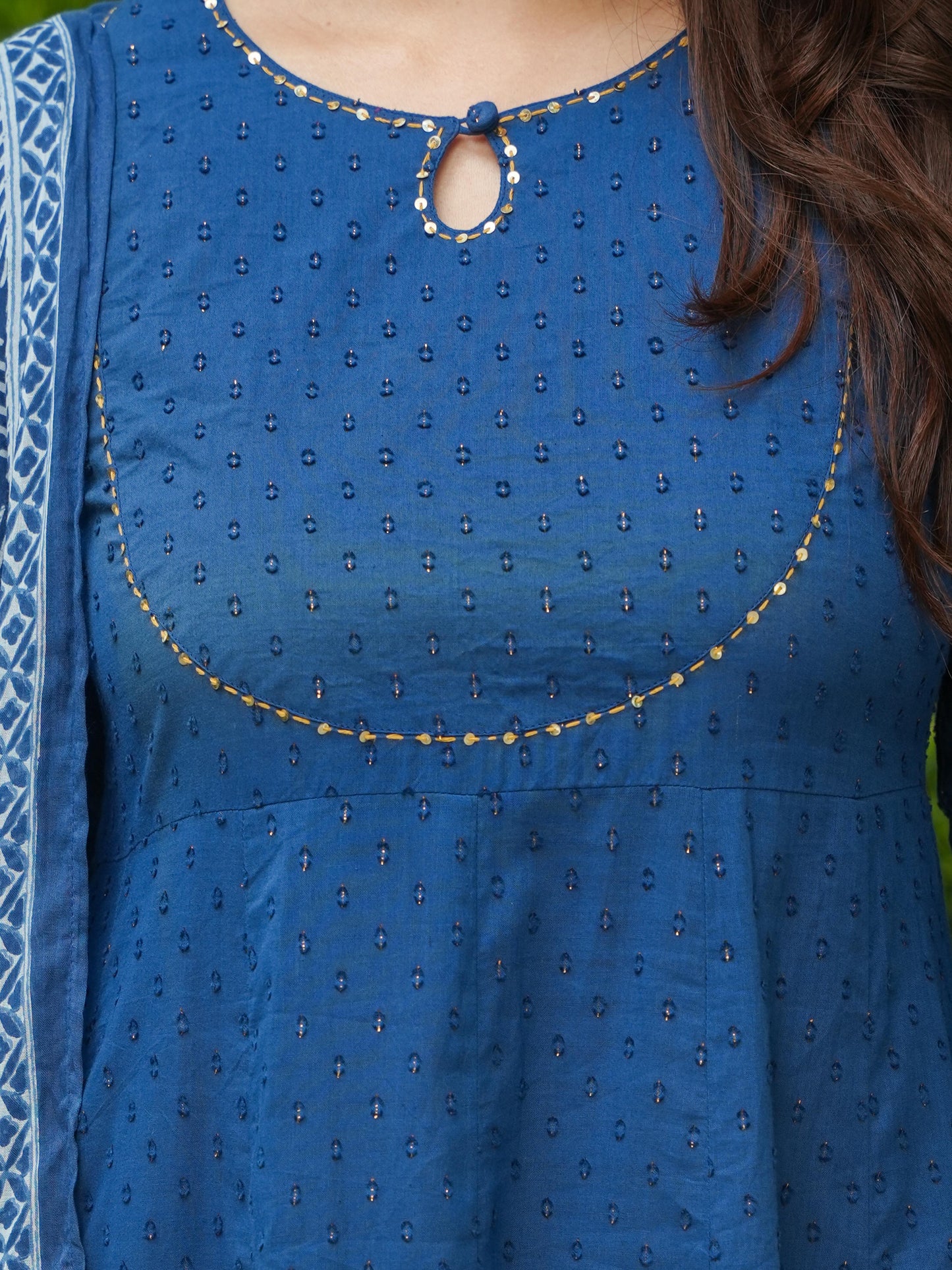 Embroidered Textured Cotton Woven Design Anarkali Blue Kurta