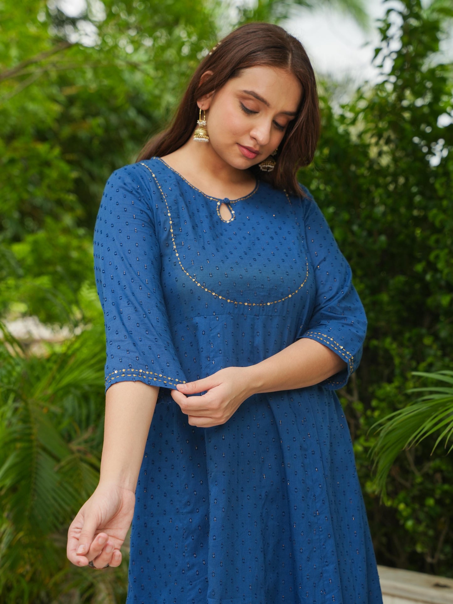 Embroidered Textured Cotton Woven Design Anarkali Blue Kurta