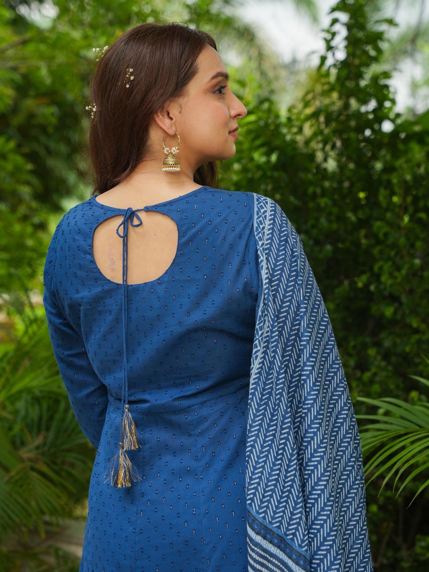 Embroidered Textured Cotton Woven Design Anarkali Blue Kurta