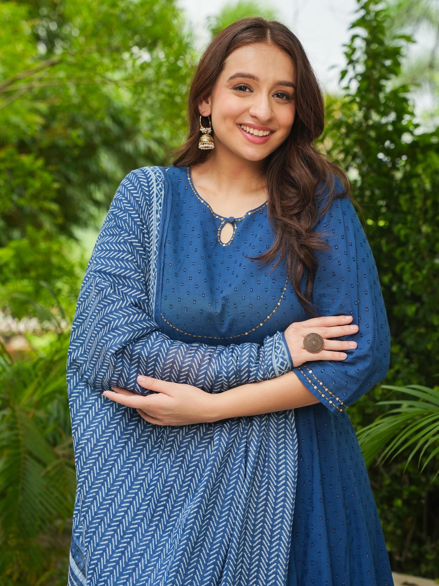 Embroidered Textured Cotton Woven Design Anarkali Blue Kurta