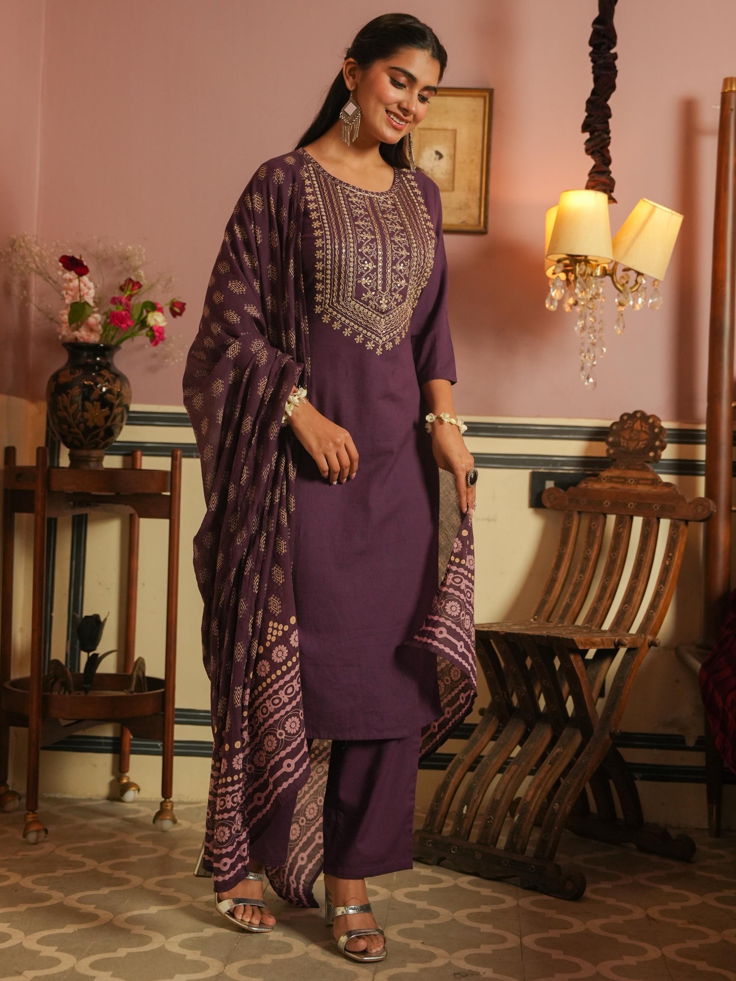 Embroidered Linen Cotton Solid Straight Purple Kurta