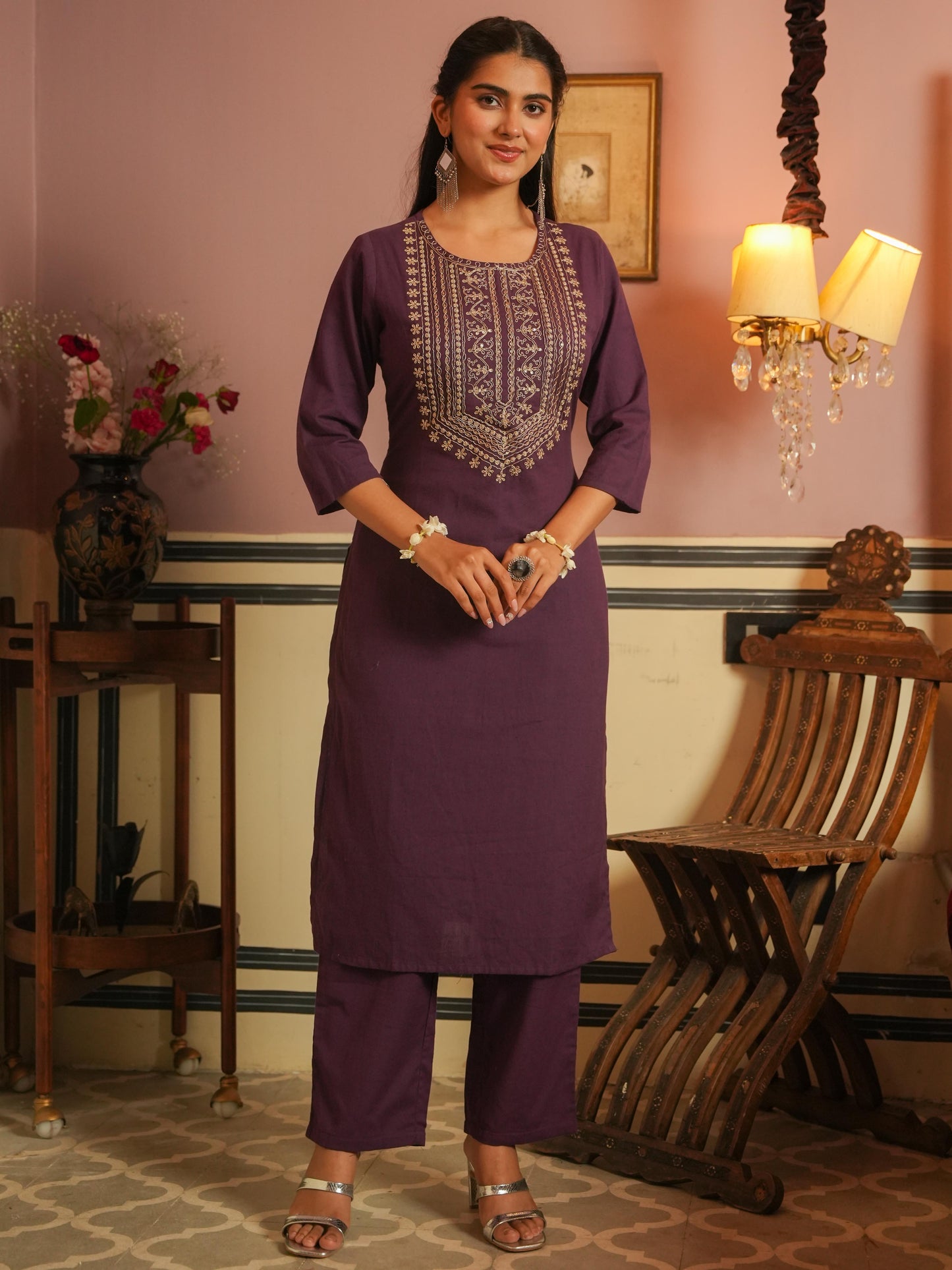 Embroidered Linen Cotton Solid Straight Purple Kurta
