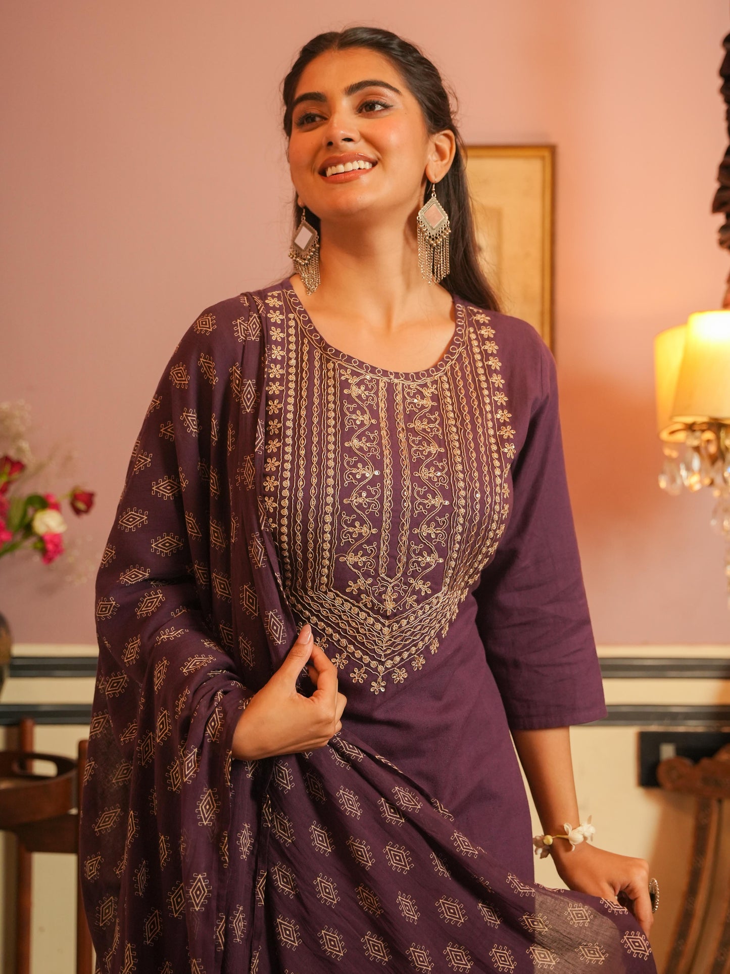 Embroidered Linen Cotton Solid Straight Purple Kurta