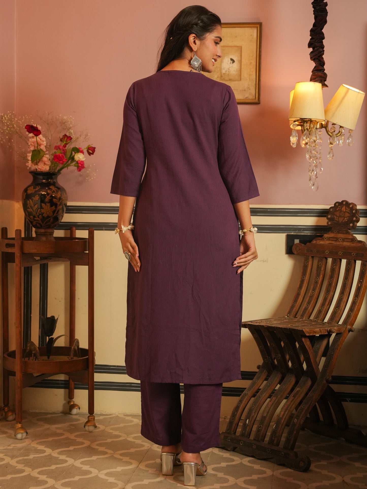 Embroidered Linen Cotton Solid Straight Purple Kurta