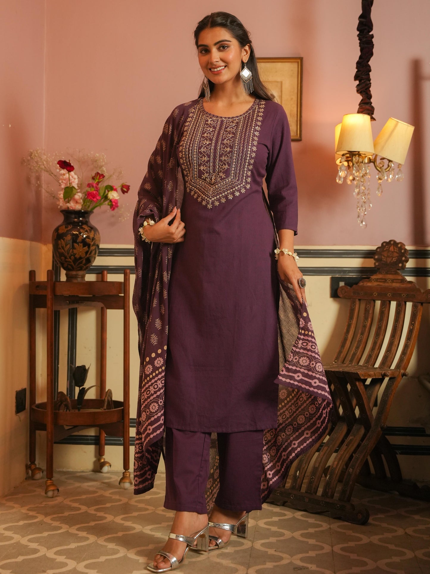 Embroidered Linen Cotton Solid Straight Purple Kurta