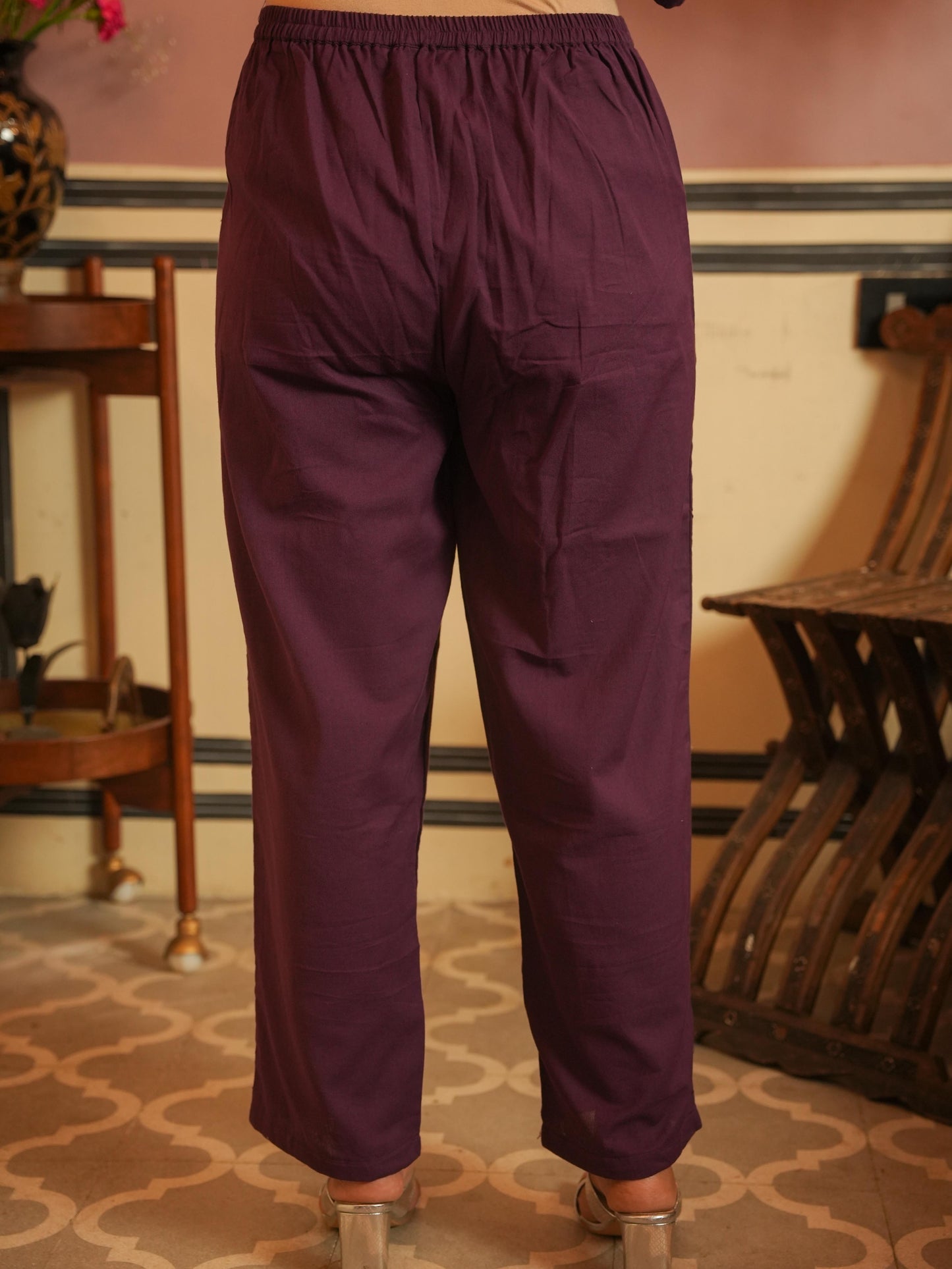 Embroidered Linen Cotton Solid Straight Purple Kurta