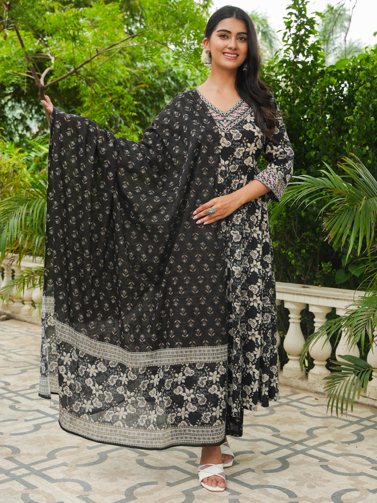 Cotton Voile Floral Black Dupatta