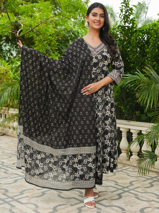 Cotton Voile Floral Black Dupatta