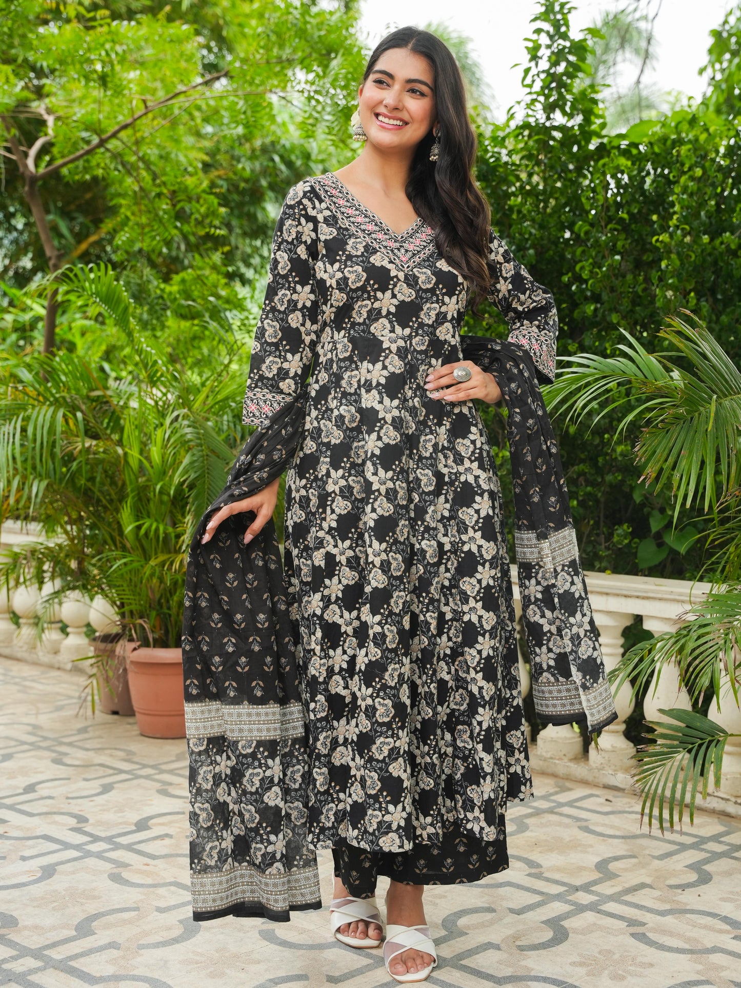 Cotton Voile Floral Black Dupatta