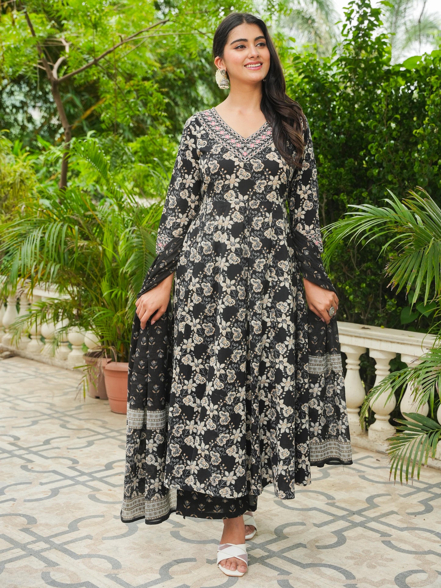 Embroidered Soft Cotton Floral Anarkali Black Kurta