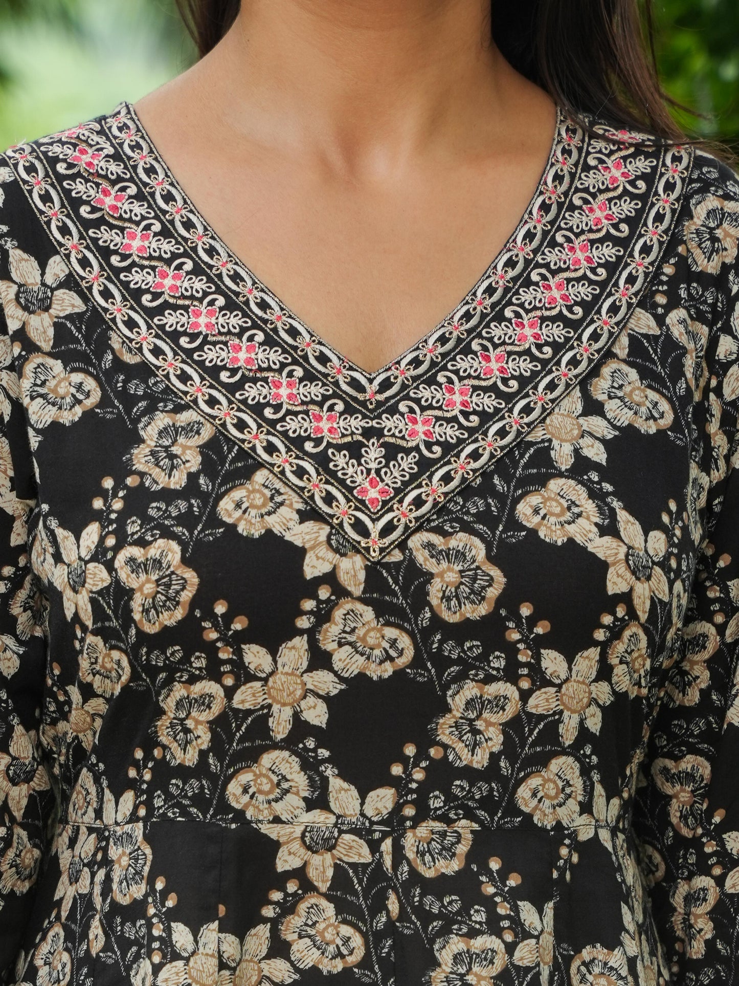 Embroidered Soft Cotton Floral Anarkali Black Kurta