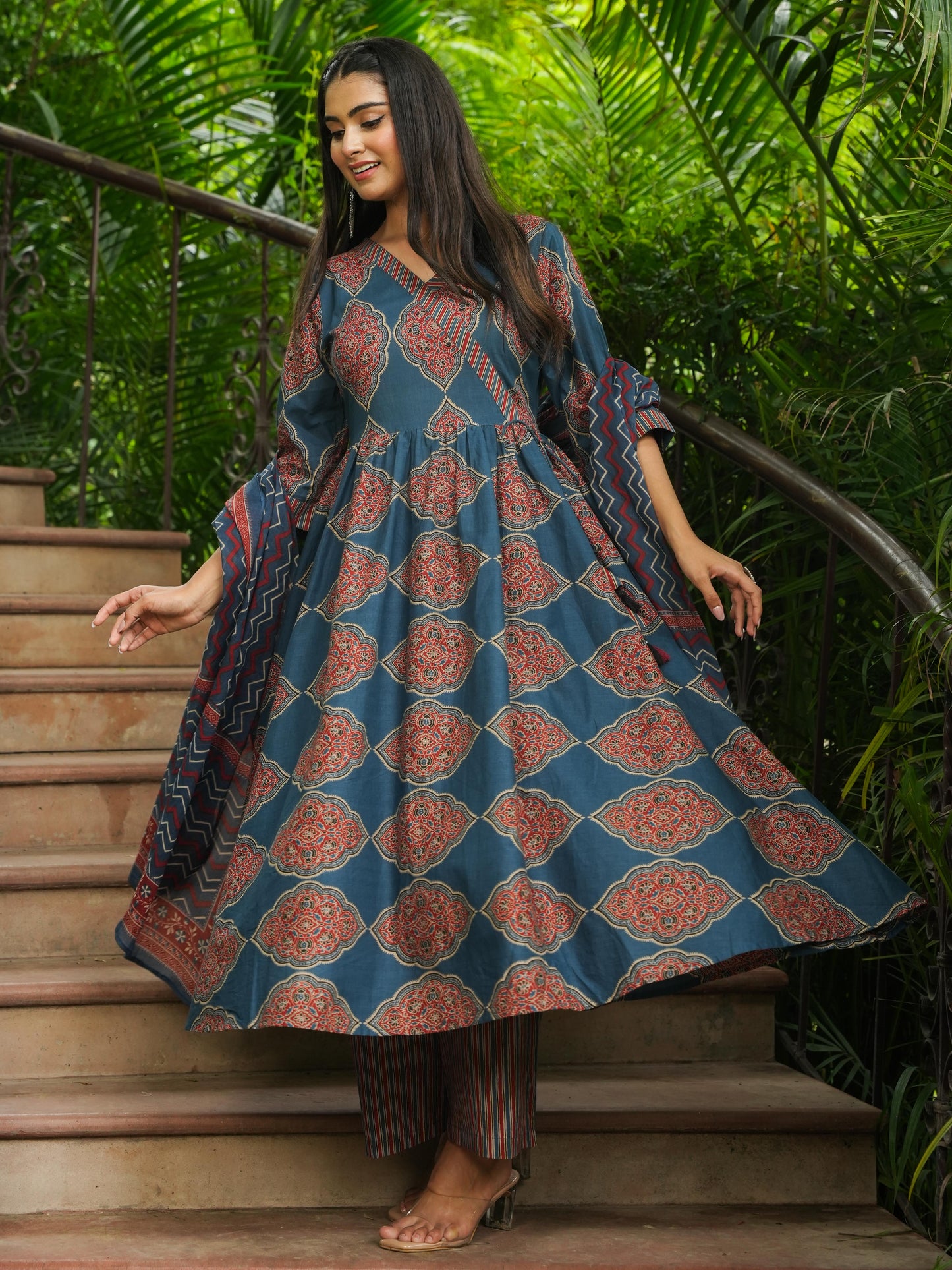 Soft Cotton Ajrakh Angrakha Blue Kurta