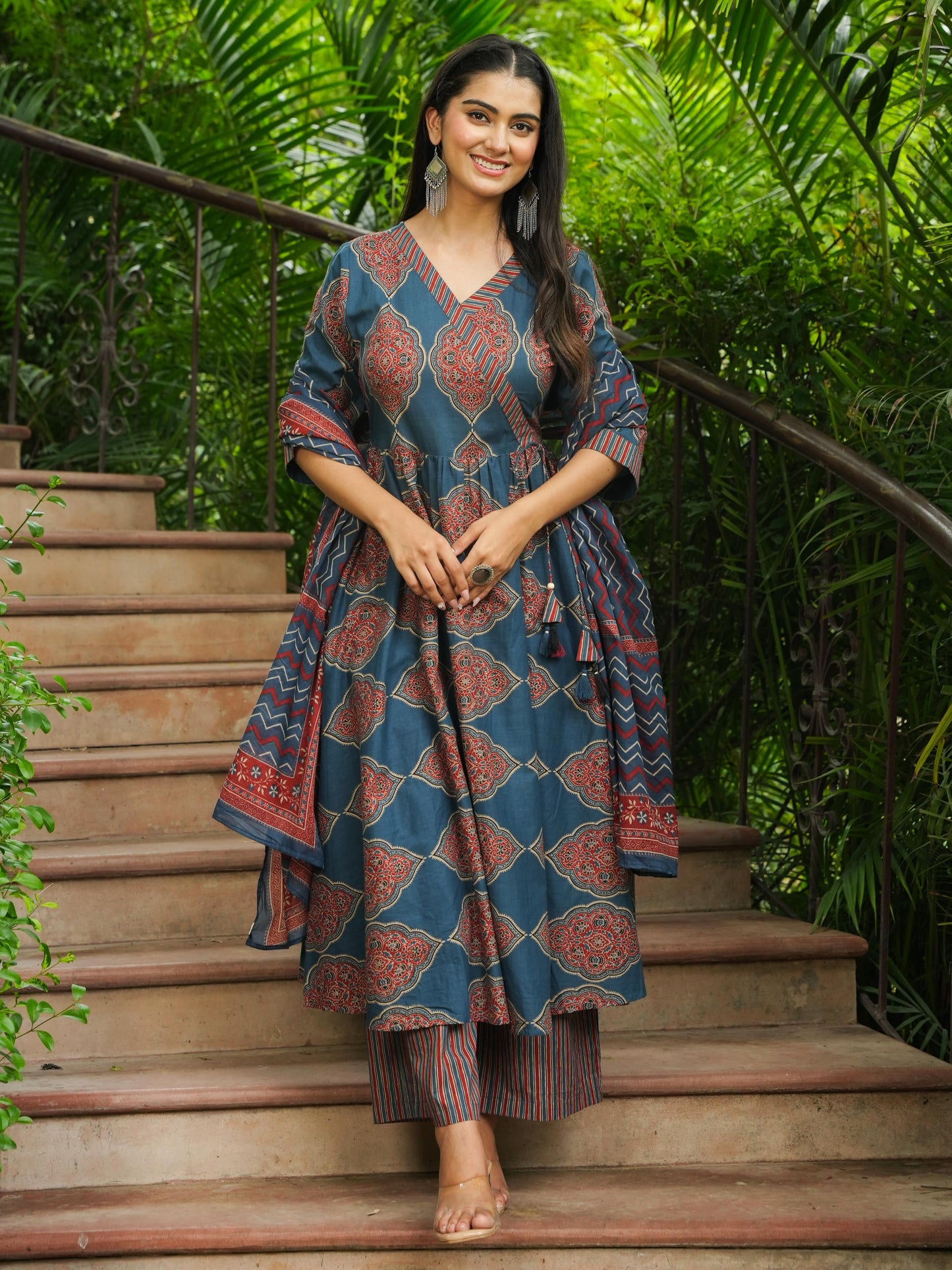 Soft Cotton Ajrakh Angrakha Blue Kurta