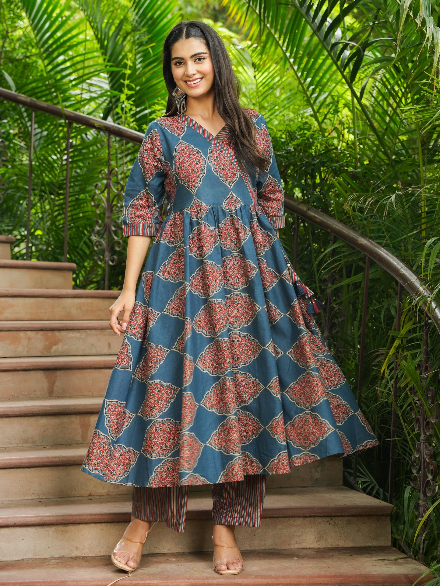 Soft Cotton Ajrakh Angrakha Blue Kurta