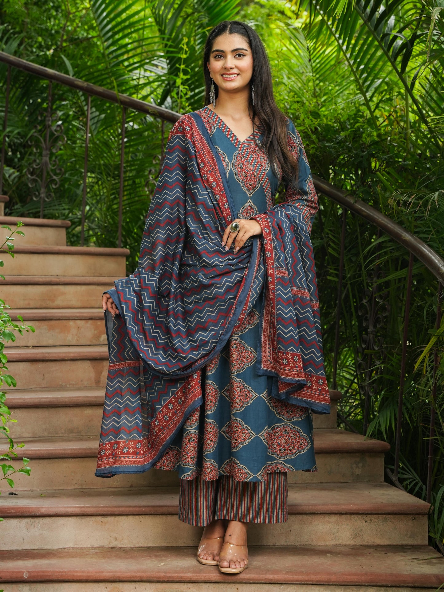 Soft Cotton Ajrakh Angrakha Blue Kurta