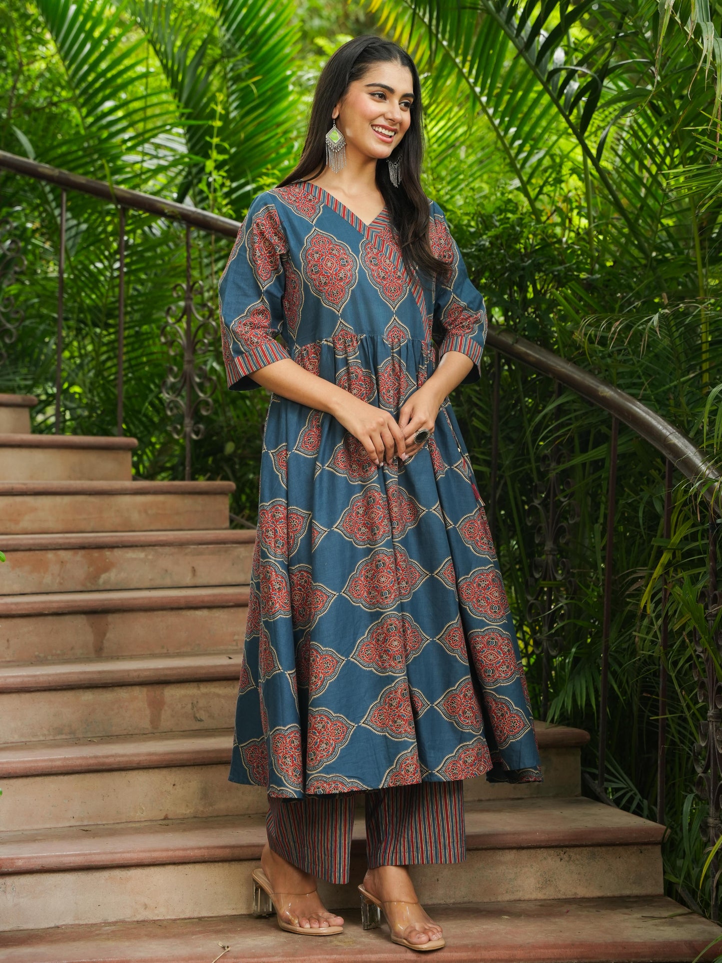 Soft Cotton Ajrakh Angrakha Blue Kurta