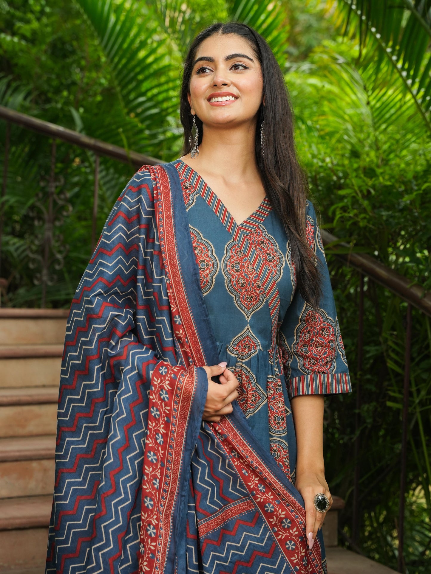 Soft Cotton Ajrakh Angrakha Blue Kurta