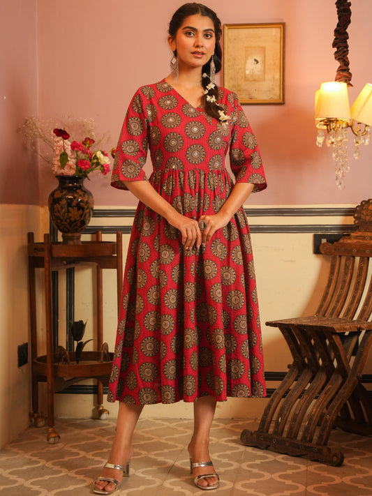 Kantha Cotton Ajrakh Angrakha Red Dress