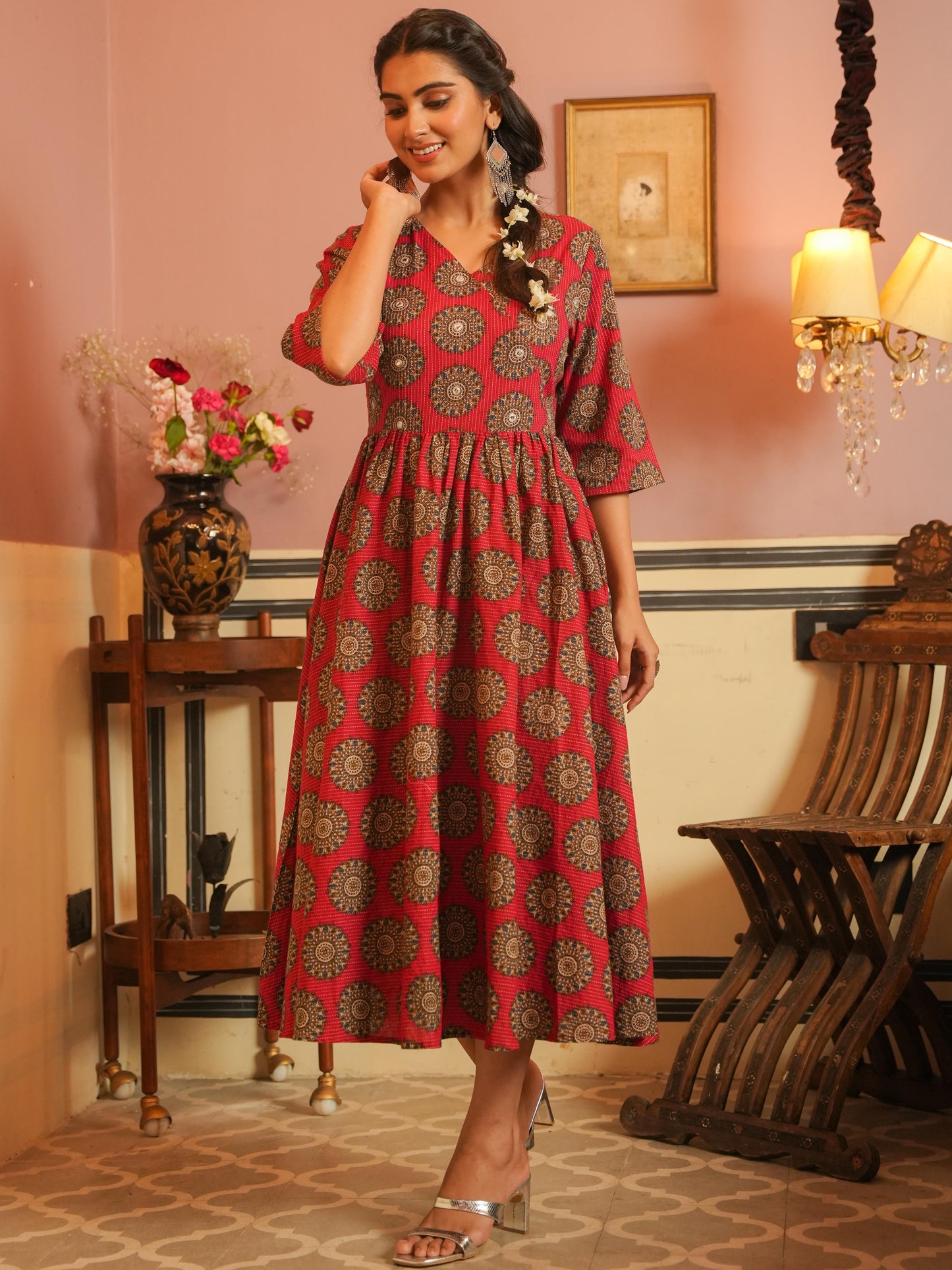 Kantha Cotton Ajrakh Angrakha Red Dress