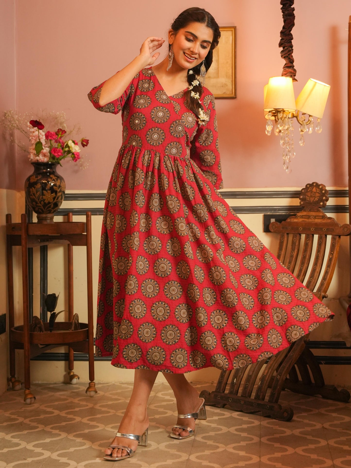 Kantha Cotton Ajrakh Angrakha Red Dress