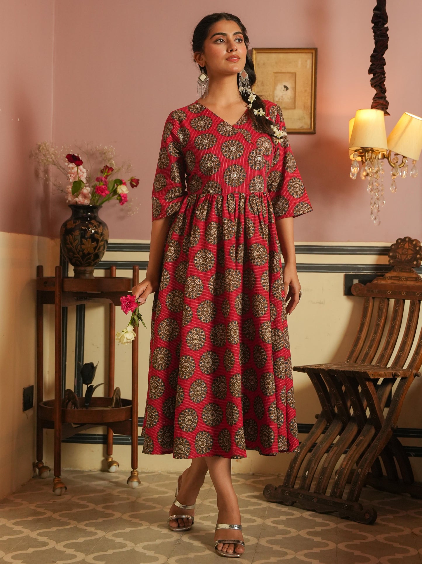 Kantha Cotton Ajrakh Angrakha Red Dress