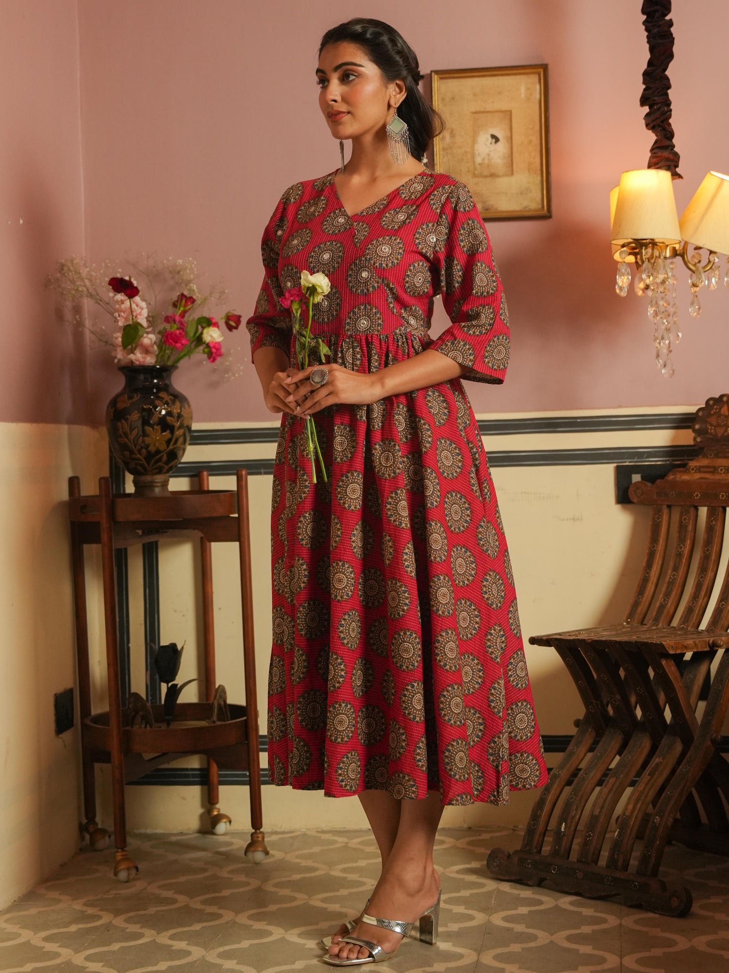 Kantha Cotton Ajrakh Angrakha Red Dress