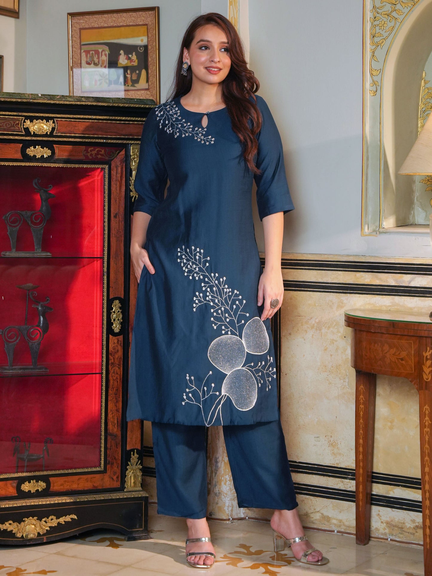 Embroidered Blended Silk Solid Straight Navy Blue Kurta