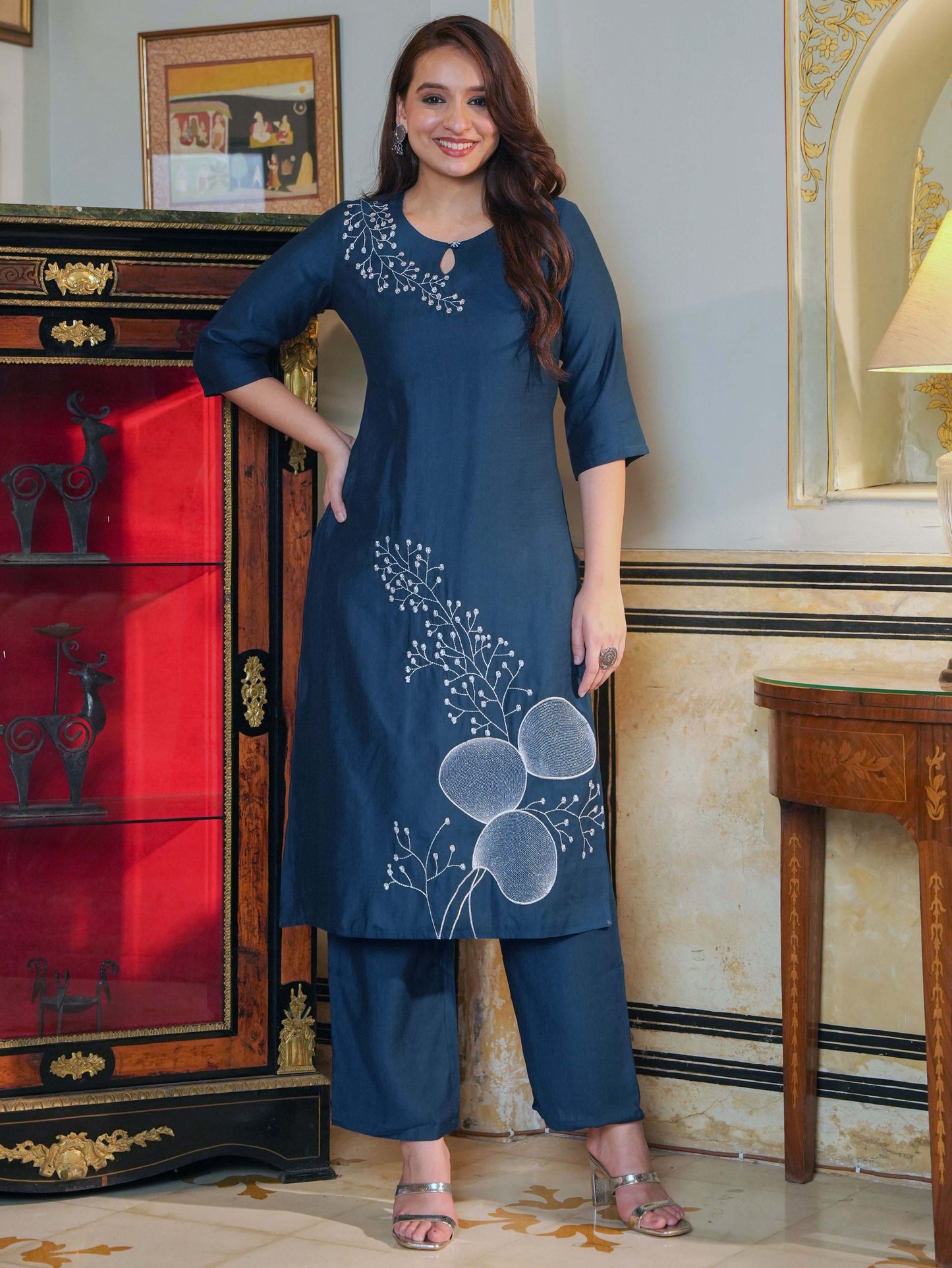 Embroidered Blended Silk Solid Straight Navy Blue Kurta