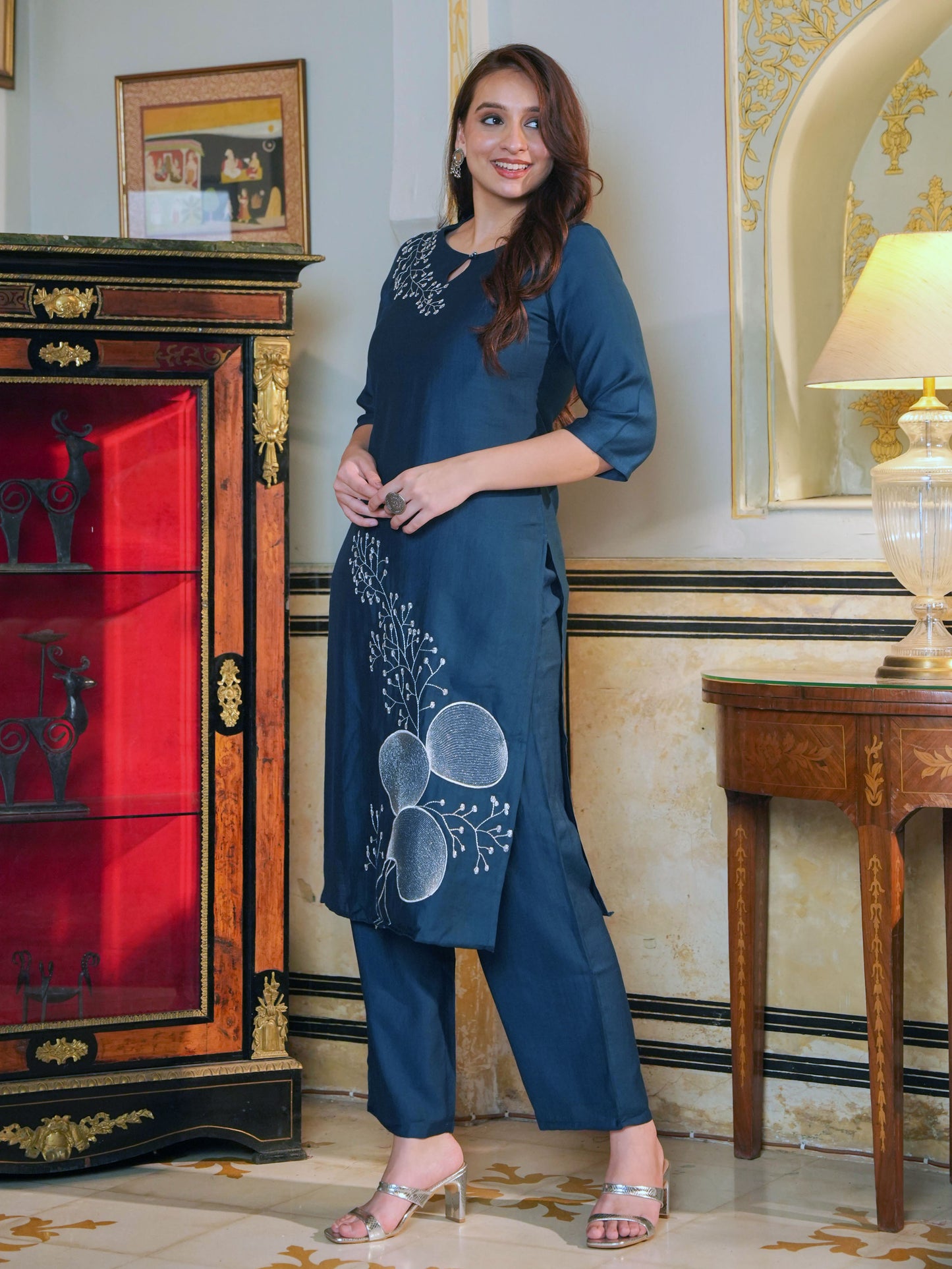 Embroidered Blended Silk Solid Straight Navy Blue Kurta