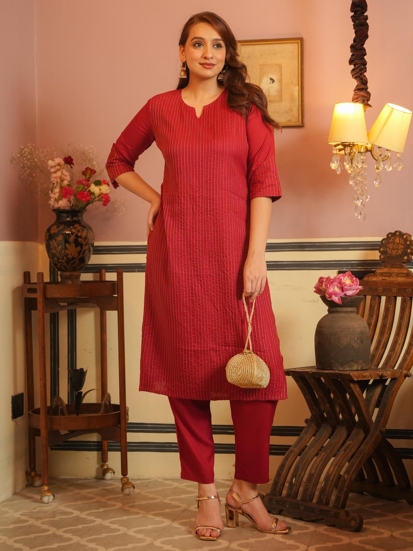 Viscose Solid Straight Maroon Kurta