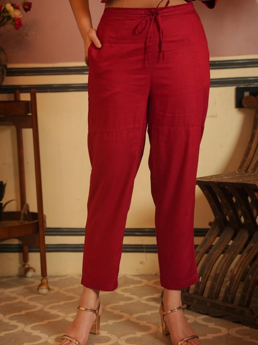 Viscose Solid Maroon Tapered Trousers