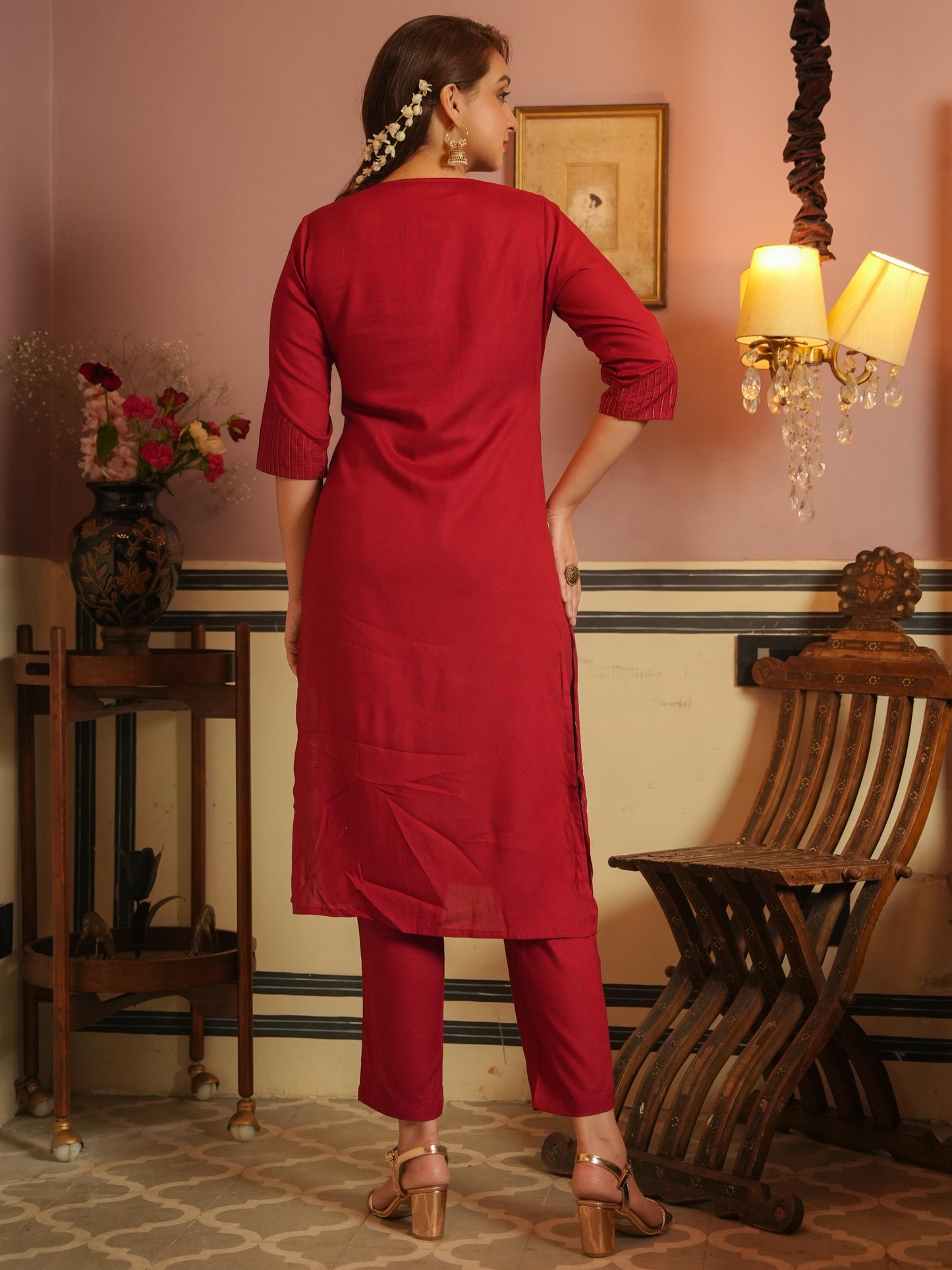 Viscose Solid Straight Maroon Kurta