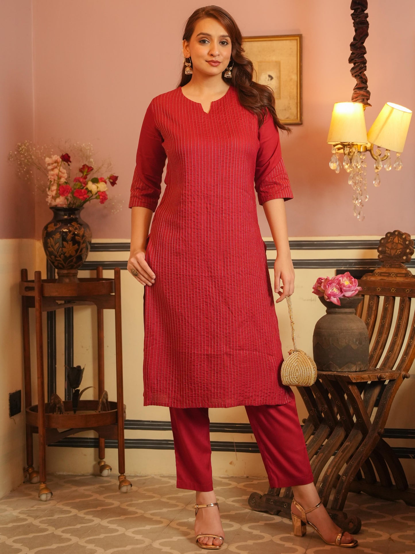 Viscose Solid Straight Maroon Kurta