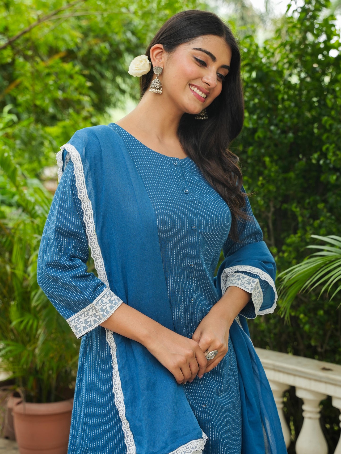 Kantha Cotton Solid A-line Blue Kurta