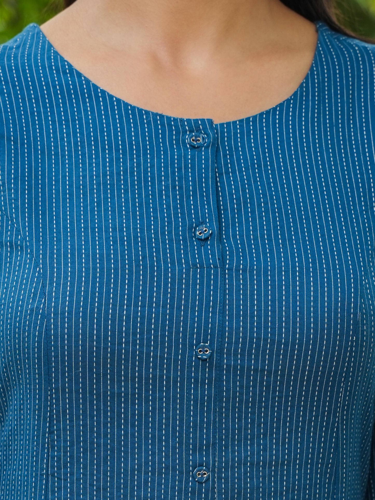 Kantha Cotton Solid A-line Blue Kurta