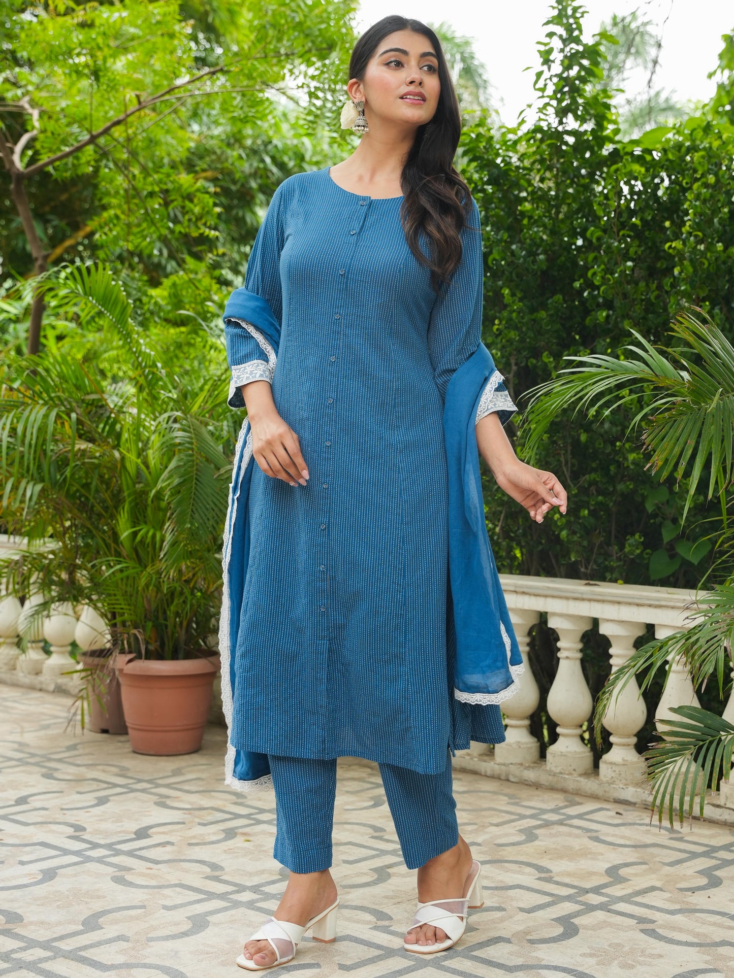 Kantha Cotton Solid A-line Blue Kurta