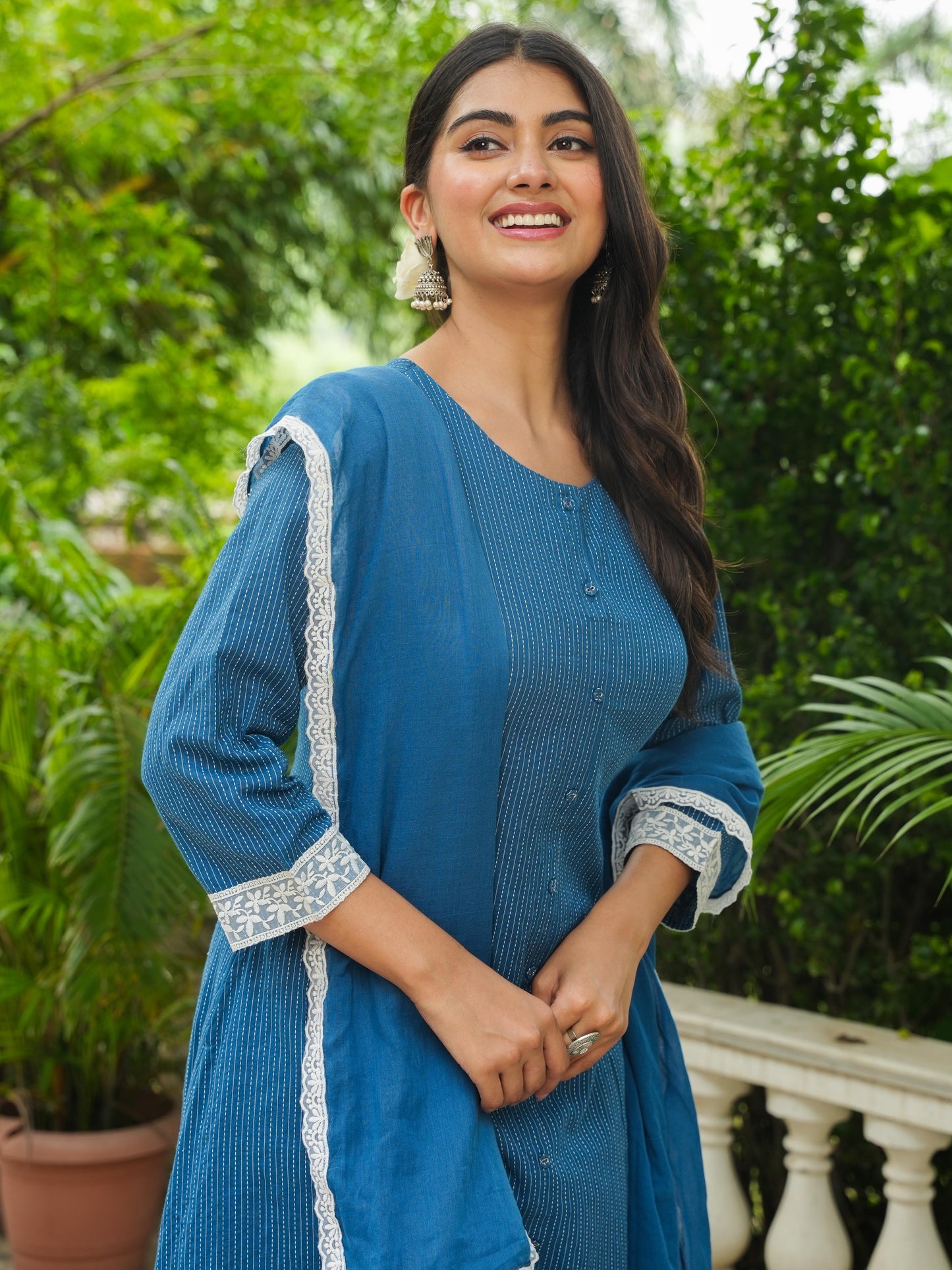 Kantha Cotton Solid A-line Blue Kurta
