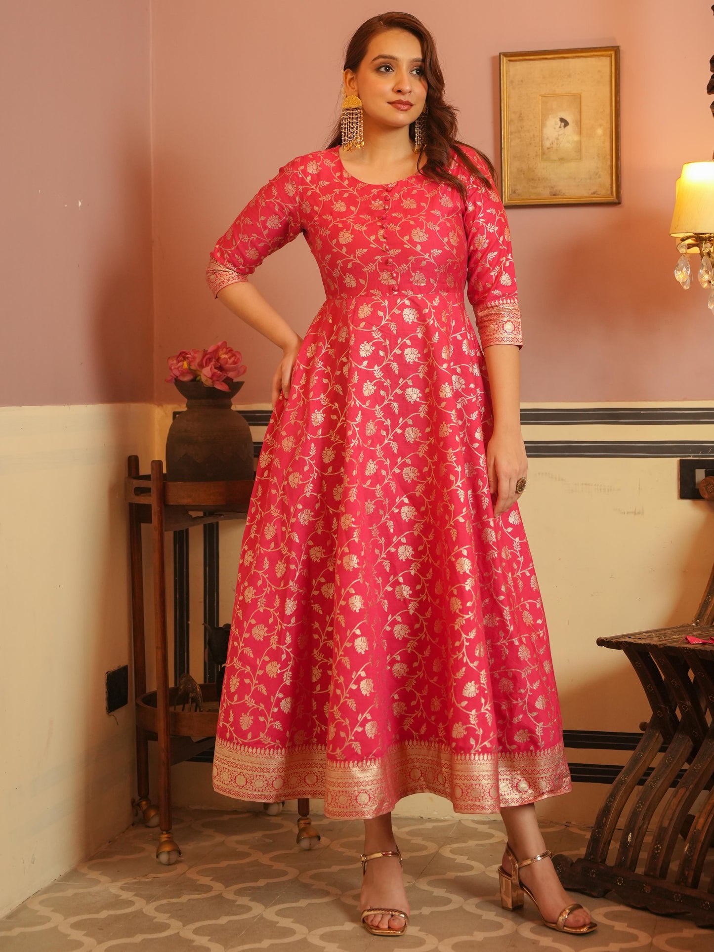 Chanderi Gold foil Anarkali Pink Dress (With Potli)