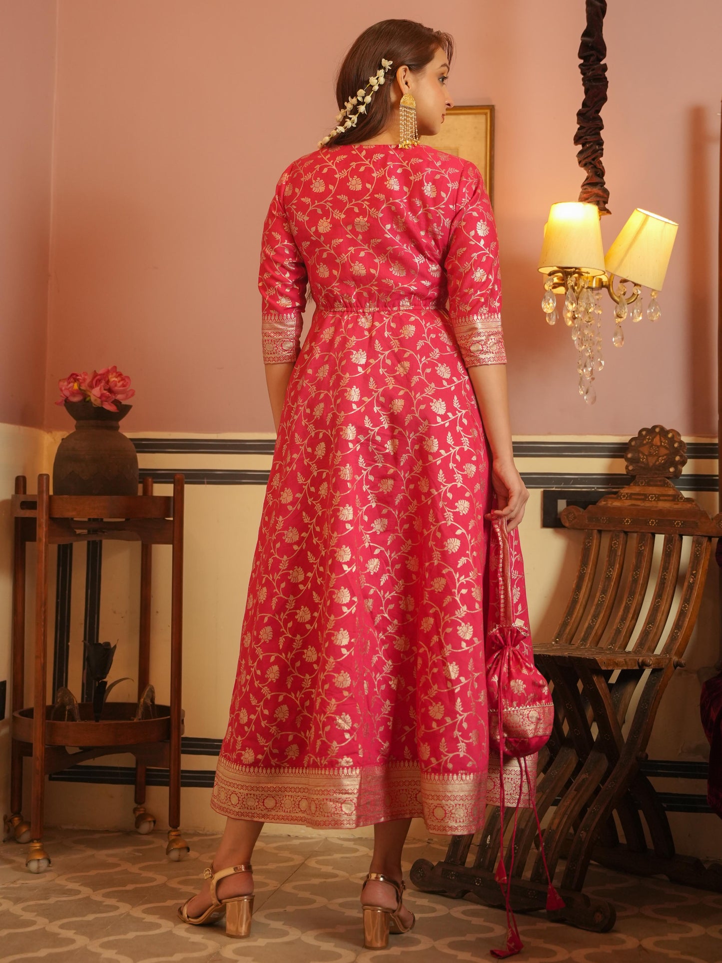 Chanderi Gold foil Anarkali Pink Dress (With Potli)