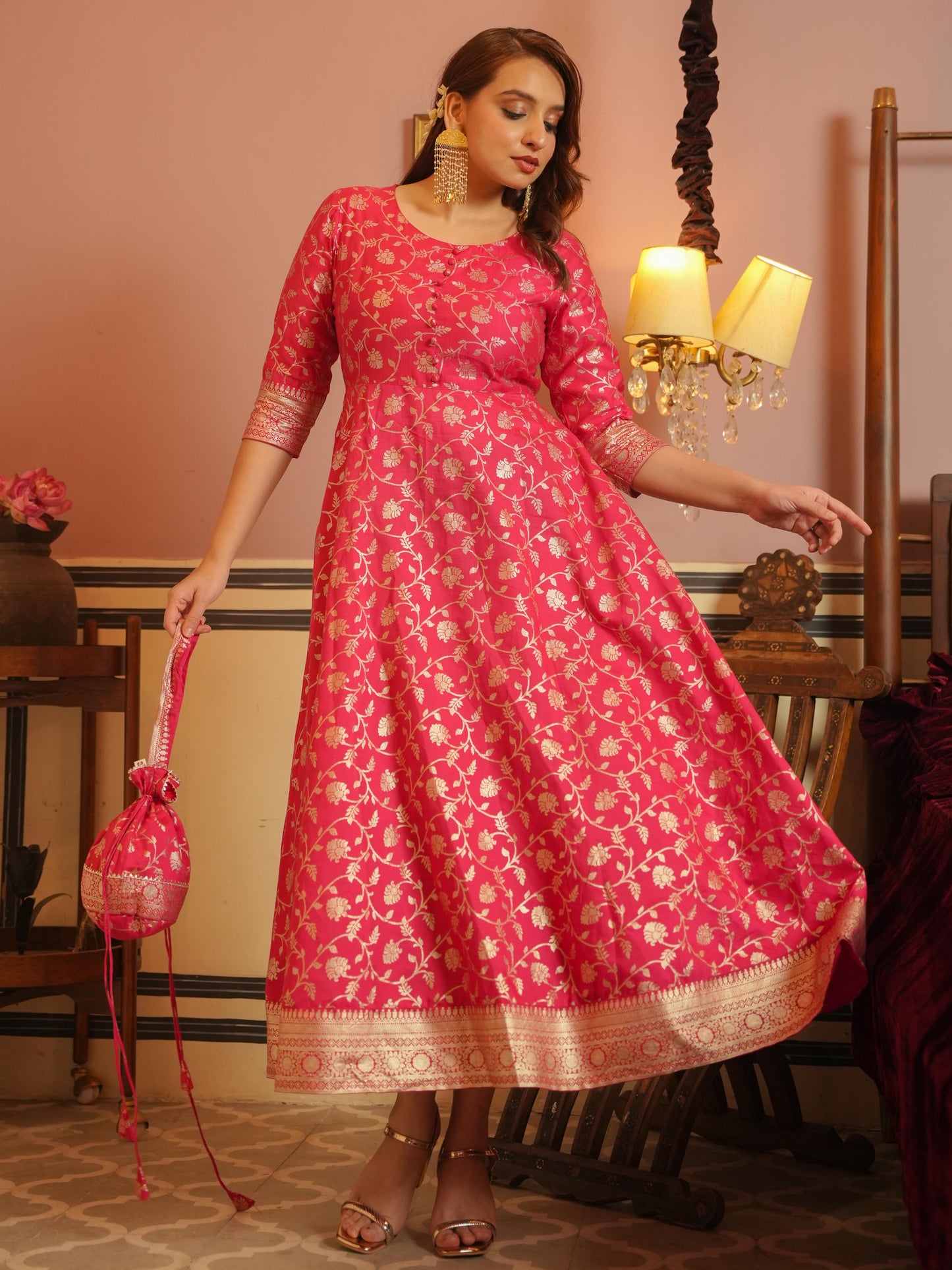 Chanderi Gold foil Anarkali Pink Dress (With Potli)