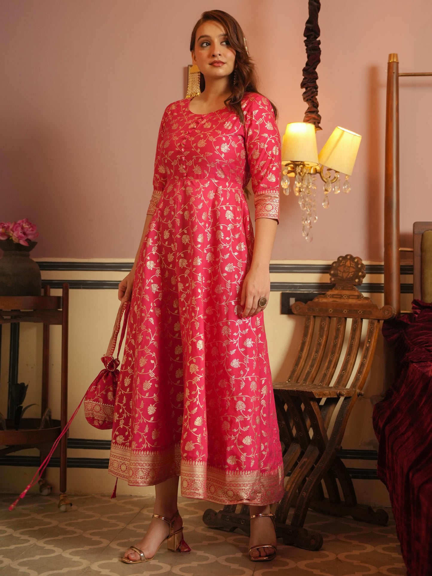 Chanderi Gold foil Anarkali Pink Dress (With Potli)