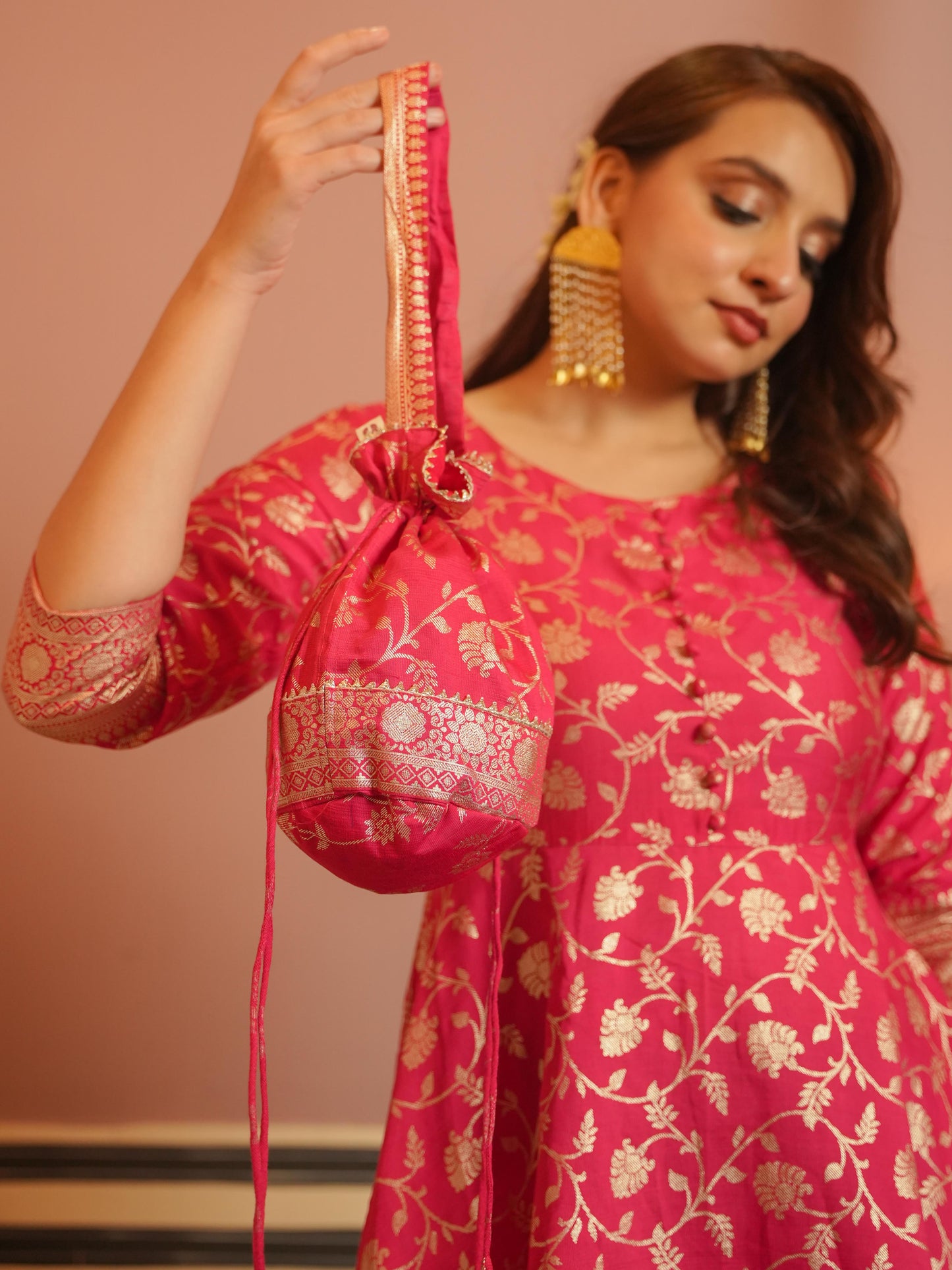 Chanderi Gold foil Anarkali Pink Dress (With Potli)