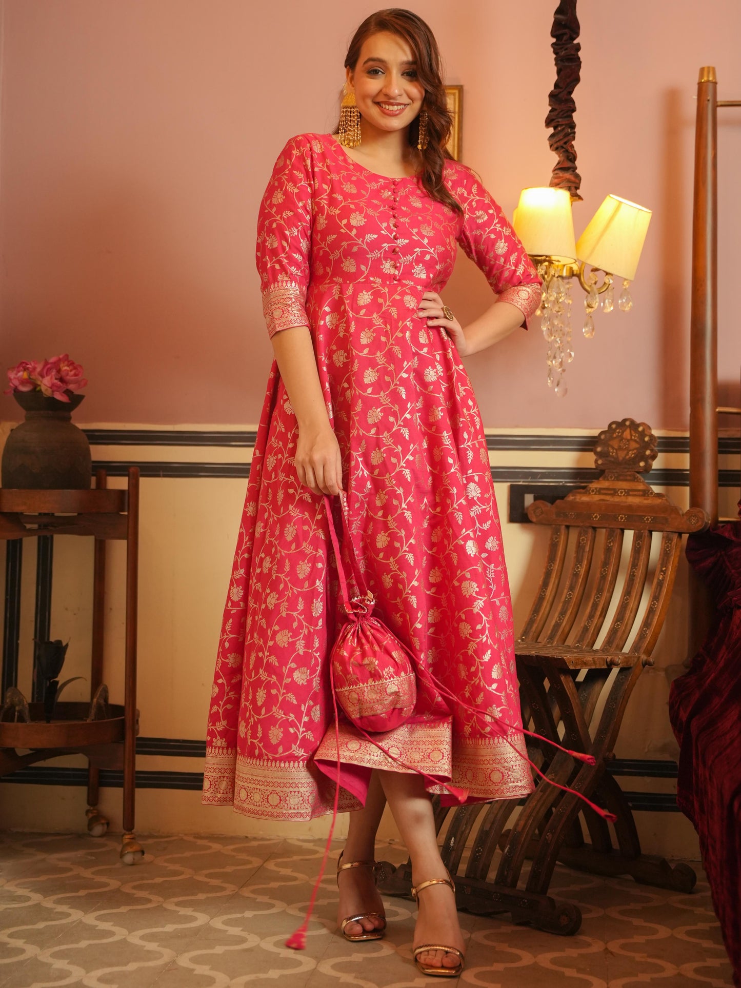 Chanderi Gold foil Anarkali Pink Dress (With Potli)