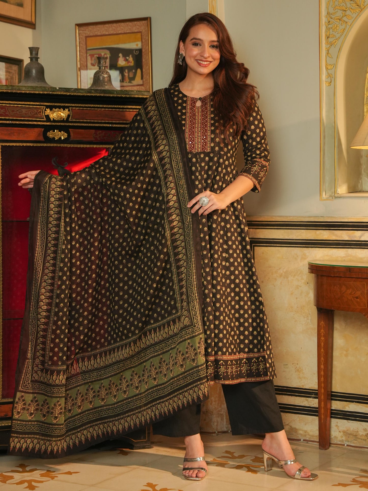 Embroidered Soft Cotton Butti Anarkali Black Kurta